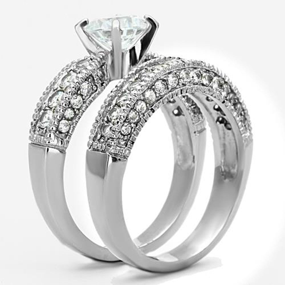 ARTK1318 Stainless Steel 316l, 3.15 Ct Round Zirconia Wedding Ring Set Women's Size 5-10
